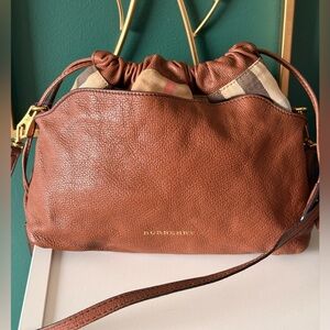 Burberry Brown Leather Drawstring Check Crossbody